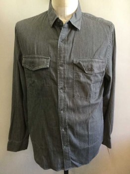 BANANA REPUBLIC, Gray, Cotton, Solid, Button Front, Collar Attached, Long Sleeves, 2 Flap Pockets