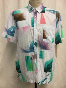 TOPMAN, White, Multi-color, Cotton, Abstract , White with Multi Color Abstract Print, Button Front, Collar Attached, Short Sleeves, 1 Pocket,
