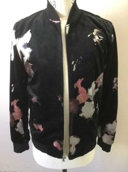 Mens, Casual Jacket, INC INTERNATIONAL , Black, Silver, Pink, Polyester, Mottled, Medium, Velour with Silver and Pink Foil Splotches, Zip Front, Rib Knit Collar & Cuffs