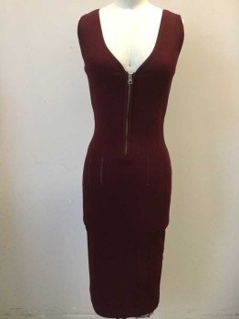 Womens, Dress, Sleeveless, McQ, Maroon Red, Viscose, Polyester, Solid, XS, 1/4 Zipper Center Front, Sleeveless, Knit with Vertical See Through Stripes, Keyhole Center Back Waist,