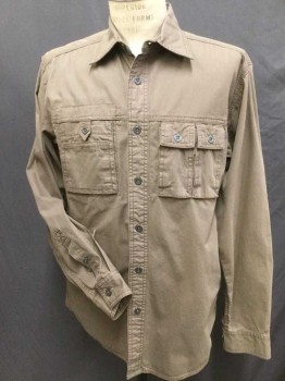 EDDIE BAUER, Lt Brown, Cotton, Geometric, Brown Rip Stops, Collar Attached, Button Front, Long Sleeves, 2 Sectional Pockets W/flap