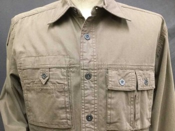 EDDIE BAUER, Lt Brown, Cotton, Geometric, Brown Rip Stops, Collar Attached, Button Front, Long Sleeves, 2 Sectional Pockets W/flap