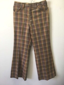 Mens, Pants, WRANGLER, Brown, Mustard Yellow, Purple, Olive Green, Gray, Cotton, Plaid-  Windowpane, 30/33, Dusty Brown with Multicolor Windowpane Plaid, Flat Front, Zip Fly, 4 Pockets, Bootcut,