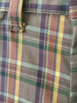WRANGLER, Brown, Mustard Yellow, Purple, Olive Green, Gray, Cotton, Plaid-  Windowpane, Dusty Brown with Multicolor Windowpane Plaid, Flat Front, Zip Fly, 4 Pockets, Bootcut,