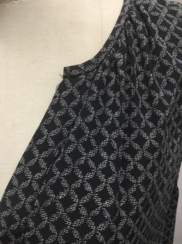 JOIE, Black, Cream, Silk, Geometric, Shell Blouse. Novelty Diamond Print. Scoop Neck with Gathered Front. Hidden Button Placet. Sleeveless