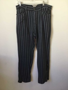 Mens, Historical Fiction Pants, CLASSIC OLD WEST, Black, Gray, Cotton, Stripes, 34, 34, Modern Replica of 1800's Western Pants/ Steam Punk.  Candy Stripe Soft Cotton, Button Fly, 4 Pockets, Adjustable Waist at Cb. Buttoned Flare at Hemline with Black Panel