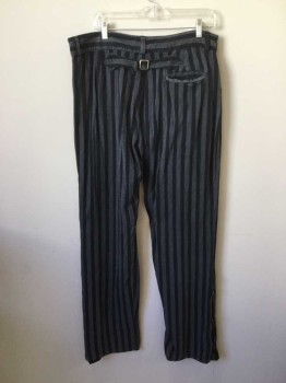 Mens, Historical Fiction Pants, CLASSIC OLD WEST, Black, Gray, Cotton, Stripes, 34, 34, Modern Replica of 1800's Western Pants/ Steam Punk.  Candy Stripe Soft Cotton, Button Fly, 4 Pockets, Adjustable Waist at Cb. Buttoned Flare at Hemline with Black Panel