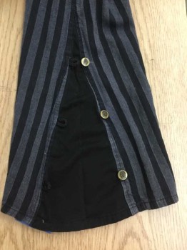 CLASSIC OLD WEST, Black, Gray, Cotton, Stripes, Modern Replica of 1800's Western Pants/ Steam Punk.  Candy Stripe Soft Cotton, Button Fly, 4 Pockets, Adjustable Waist at Cb. Buttoned Flare at Hemline with Black Panel