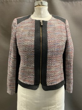 Womens, Blazer, Charcoal Gray, Baby Pink, Acrylic, Polyester, Tweed, Solid, 14, Gold Zipper Front, Charcoal Grey Shoulder/Front Center and Waistline Accents