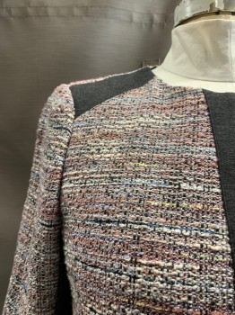 Womens, Blazer, Charcoal Gray, Baby Pink, Acrylic, Polyester, Tweed, Solid, 14, Gold Zipper Front, Charcoal Grey Shoulder/Front Center and Waistline Accents