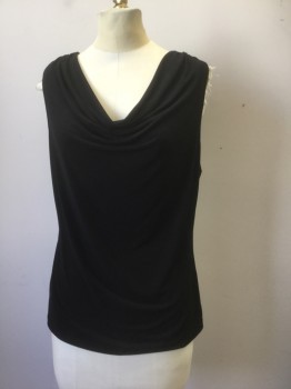 Womens, Top, CALVIN KLEIN, Black, Polyester, Lycra, Solid, M, Jersey Knit, Draped Neck Front, Sleeveless