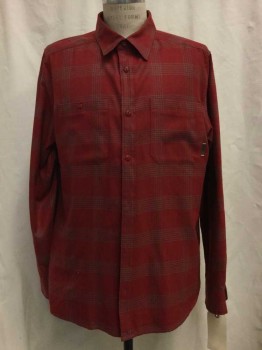 MERRELL, Red, Gray, Polyester, Plaid-  Windowpane, Red, Gray Window Pane, Button Front, Collar Attached, Long Sleeves, 2 Pockets,
