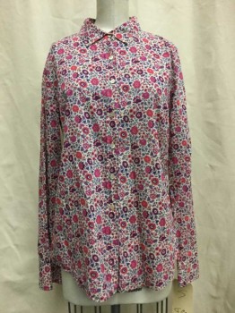JCREW, Ivory White, Pink, Purple, Cotton, Floral, Ivory, Pink & Purple Floral Print, Button Front, Collar Attached, Long Sleeves,