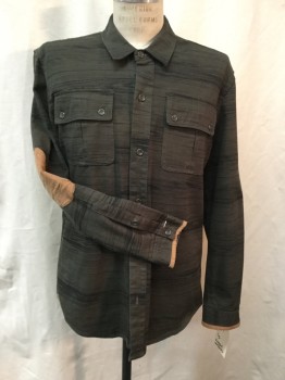 Mens, Casual Shirt, RUGGED OUTDOORS, Olive Green, Black, Cotton, Synthetic, Heathered, L, Black Heather Olive, Faux Suede Lt Brown Elbow Patch, 2 Flap Pockets