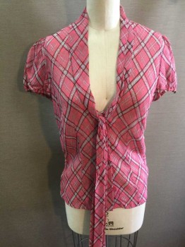 GUESS, Hot Pink, Lt Gray, Black, Rayon, Plaid, Button Front, Self Neck Tie, Short Sleeves with Button Detail, Diamond Plaid