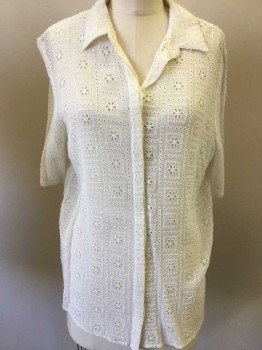 ZARA, Off White, Cotton, Viscose, Floral, Floral Eyelet Lace, Button Front, Collar Attached, Short Sleeves,