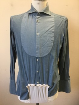EIDOS, Slate Blue, Dusty Blue, Cotton, Solid, Dusty Slate Blue, Long Sleeve Button Front, Collar Attached, Slightly Lighter Slate Blue Pique Bib Front, French Cuffs, White Underwear Strap Attached to Keep Shirt Tucked In, Made To Order Victorian Reproduction