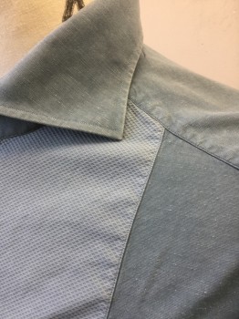 Mens, Historical Fiction Shirt, EIDOS, Slate Blue, Dusty Blue, Cotton, Solid, S:34-5, N:16, Dusty Slate Blue, Long Sleeve Button Front, Collar Attached, Slightly Lighter Slate Blue Pique Bib Front, French Cuffs, White Underwear Strap Attached to Keep Shirt Tucked In, Made To Order Victorian Reproduction