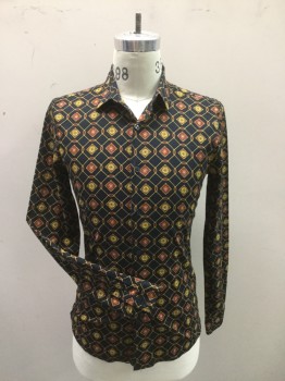 TOP MAN, Navy Blue, Red, Yellow, Cotton, Lycra, Novelty Pattern, Novelty Bold Medallion Print, Long Sleeves, Collar Attached,