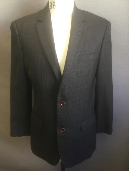 Mens, Sportcoat/Blazer, SHAQUILLE O'NEAL, Dk Brown, Black, Wool, Plaid-  Windowpane, 38R, Single Breasted, Notched Lapel, 2 Buttons, 3 Pockets, Lining is Dark Navy with Brown Medallions Pattern