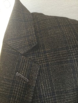 Mens, Sportcoat/Blazer, SHAQUILLE O'NEAL, Dk Brown, Black, Wool, Plaid-  Windowpane, 38R, Single Breasted, Notched Lapel, 2 Buttons, 3 Pockets, Lining is Dark Navy with Brown Medallions Pattern
