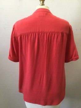 FRAME, Cherry Red, Silk, Solid, Band Neck, Button Front, Short Sleeves with Cuffs