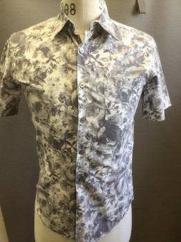 OPENING CEREMONY, White, Gray, Lt Gray, Cotton, Floral, Button Down Collar, Short Sleeves, Button Front,