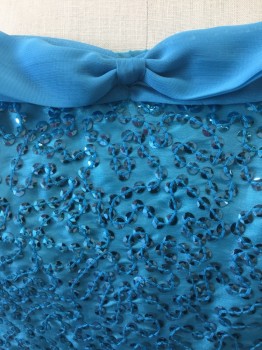 Womens, Cocktail Dress, BETSEY JOHNSON, Turquoise Blue, Polyester, Sequins, W25, B30, Aqua Blue Poly with Aqua Metalic Sequins All Over, Strapless Dress, Aqua Poly Semi Sheer Trim at Bust Line, Waist Line and Hemline. Zipper at Left Side Seam