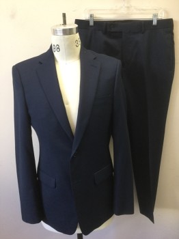 CALVIN KLEIN, Navy Blue, Black, Gray, Wool, Birds Eye Weave, Black with Blue and Gray Birdseye Specks, Appears Overall Navy, Single Breasted, Notched Lapel, 2 Buttons, 3 Pockets, Solid Black Lining