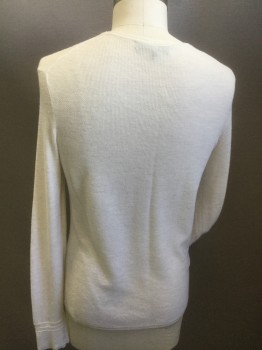 Mens, Pullover Sweater, RAG & BONE, Ivory White, Wool, Solid, L, Long Sleeves, Crew Neck, Waffle Knit Texture, Fine Knit,