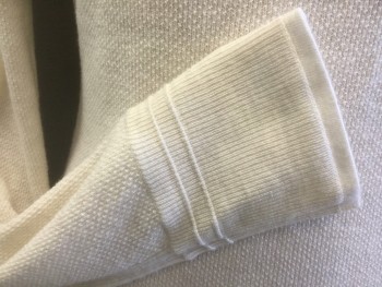 Mens, Pullover Sweater, RAG & BONE, Ivory White, Wool, Solid, L, Long Sleeves, Crew Neck, Waffle Knit Texture, Fine Knit,