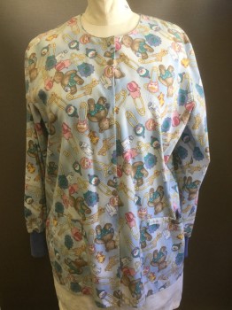 Unisex, Scrubs, Jacket Unisex, LANDAU, Lt Blue, Turquoise Blue, Brown, Pink, Yellow, Polyester, Cotton, Novelty Pattern, XL, Multicolor Baby Diaper Pins with Clowns and Assorted Animals Baby Powder & Teddy Bears Pattern, Long Sleeves, Snap Front, 2 Pockets,