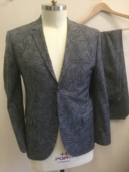 TOPMAN, Gray, Warm Gray, Polyester, Wool, Leaves/Vines , Gray with Warm Gray Leaf/Palm Fronds Pattern, Single Breasted, Notched Lapel, 2 Buttons, 3 Pockets, Slim Fit