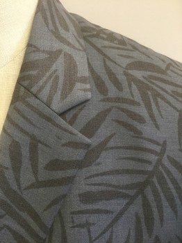 TOPMAN, Gray, Warm Gray, Polyester, Wool, Leaves/Vines , Gray with Warm Gray Leaf/Palm Fronds Pattern, Single Breasted, Notched Lapel, 2 Buttons, 3 Pockets, Slim Fit