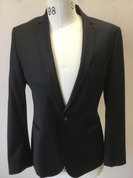 ZARA MAN BLK TIE, Black, Brown, Cotton, Polyester, Solid, Notched Lapel, One Button Front, Brown Top Stitch, Slit Pockets