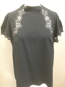 REBECCA TAYLOR, Black, Rayon, Polyester, Solid, Crepe, Pullover, Puffy Cap Sleeves, Round Neck, Black Lace Trim, Lace Inset Front and Back