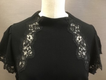 Womens, Top, REBECCA TAYLOR, Black, Rayon, Polyester, Solid, 8, Crepe, Pullover, Puffy Cap Sleeves, Round Neck, Black Lace Trim, Lace Inset Front and Back