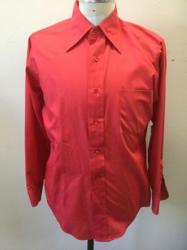 HAMPSHIRE HOUSE, Cherry Red, Cotton, Polyester, Solid, Long Sleeve Button Front, Collar Attached, 1 Patch Pocket,