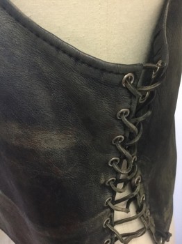 Mens, Leather Vest, LEATHER MAN NYC, Faded Black, Dk Gray, Brown, Leather, Faded, 42, Faded Black Aged Leather with Marbled Gray, Brown Aged Effect, Open at Center Front, Laces Up at Sides with Silver Metal Grommets