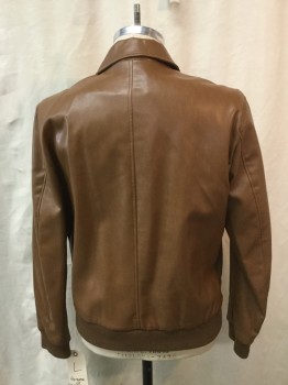 Mens, Leather Jacket, FOREVER 21, Caramel Brown, Faux Leather, Solid, L, Zip Front, Collar Attached, 2 Flap Patch Pocket, Rib Knit Cuffs and Waistband,