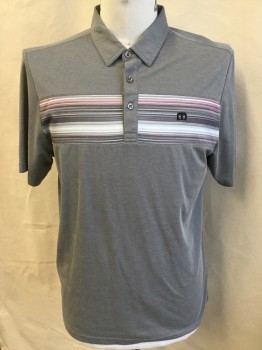 TRAVIS MATTHEWS, Heather Gray, Off White, Pink, Olive Green, Red, Cotton, Polyester, Solid, Stripes - Horizontal , Collar Attached, 3 Button Front, Short Sleeves, Side Hem Split