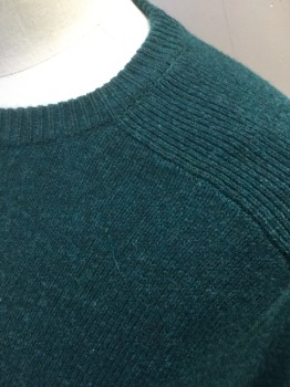 Mens, Pullover Sweater, J. CREW, Dk Green, Wool, Solid, M, Ribbed Knit Crew Neck, Ribbed Knit Waistband/Cuff, Ribbed Knit Shoulder Panels, Self Elbow Patches