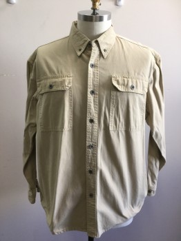 CABELAS, Khaki Brown, Cotton, Solid, Thick Canvas, Outdoor Wear, Button Front, Collar Attached, Button Down Collar, 2 Flap Pockets, Long Sleeves