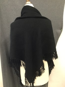 Black, Wool, Solid, Triangular Shawl with Self Fringe. Subtle Floral & Paisley Brocade Through Out,
