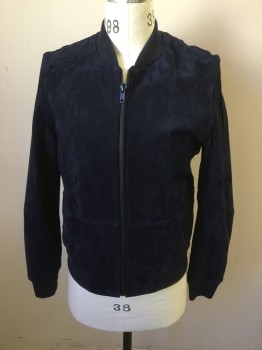 Mens, Leather Jacket, BLANK NYC, Navy Blue, Leather, Cotton, Solid, S, Navy Suede, Zip Front, Long Sleeves, Ribbed Knit Collar/Waistband/Cuff, 2 Slit Pockets, Waist Seam