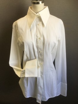 NARA CAMICE, White, Cotton, Solid, Button Front, Long Sleeves, Long Collar Points, French Cuffs, Pin Tucks Front