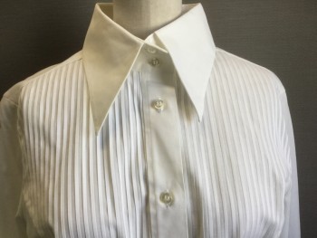 NARA CAMICE, White, Cotton, Solid, Button Front, Long Sleeves, Long Collar Points, French Cuffs, Pin Tucks Front
