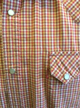 Mens, Western, LEVI'S, Red, Yellow, Brown, White, Cotton, Gingham, L, Collar Attached, White Pearl Button Snap Front, Pocket Flaps, Long Sleeves,