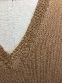 Mens, Sweater Vest, FACCONABLE, Caramel Brown, Wool, Solid, L, Knit, Pullover, V-neck