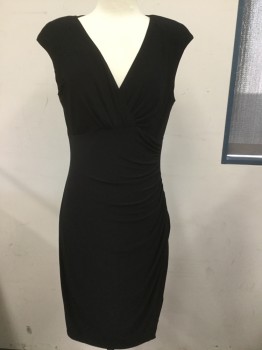 Womens, Cocktail Dress, RALPH LAUREN, Black, Polyester, Spandex, Solid, 8, Cross Over Rouched Bust, Capsleeve, Shoulder Pads, Faux Wrap, Rouched Side Waist
